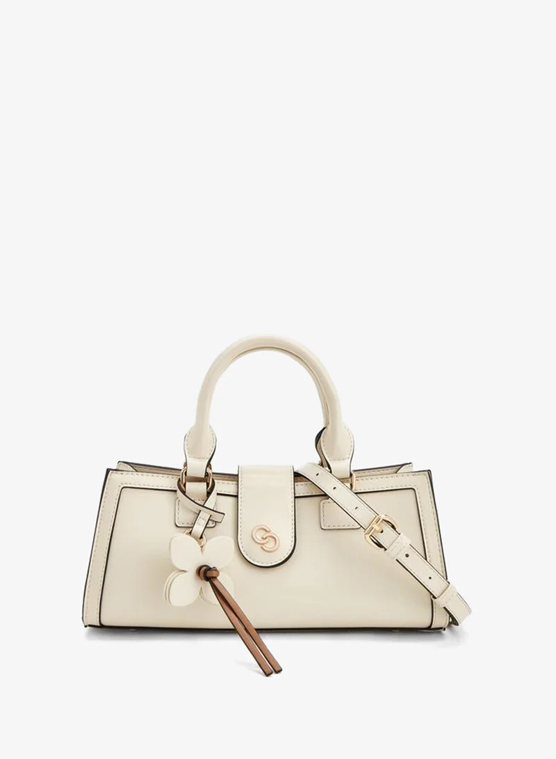Solid Tote Bag With Floral Charm