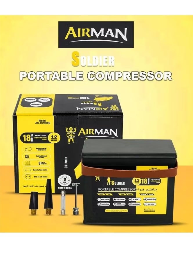 AIRMAN Soldier Heavy Duty 12V Car Air Compressor 100 PSI Tire Inflator, 14A, 25L/Min, Metal Housing, with Carry Bag & 3 Nozzle Attachments for Car, SUV, Truck, Bike - Image 2