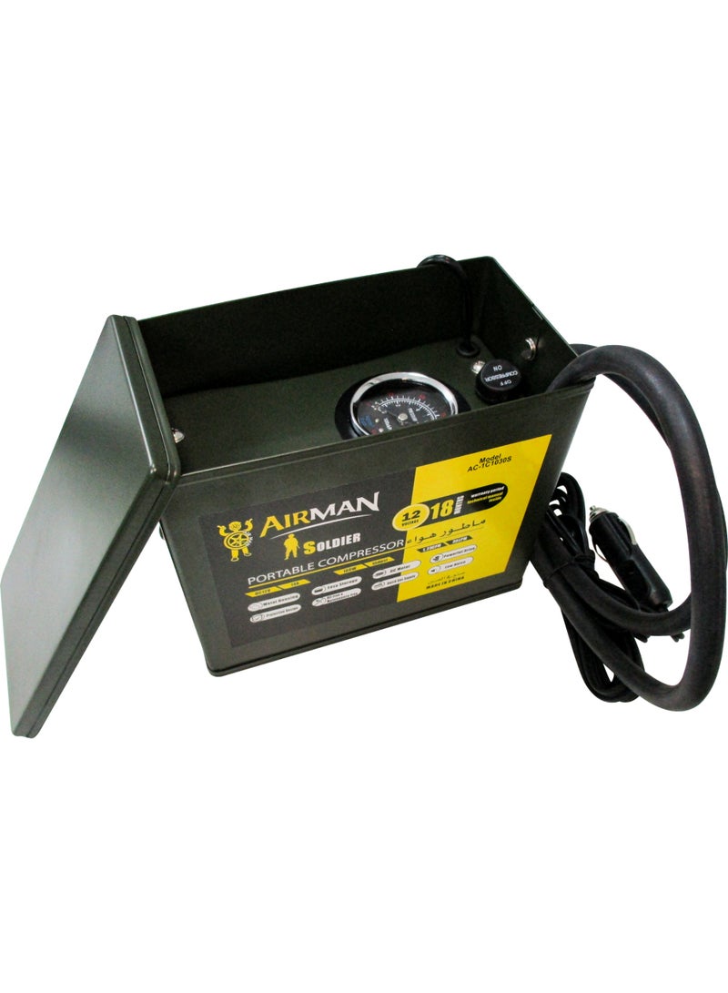 AIRMAN Soldier Heavy Duty 12V Car Air Compressor 100 PSI Tire Inflator, 14A, 25L/Min, Metal Housing, with Carry Bag & 3 Nozzle Attachments for Car, SUV, Truck, Bike - Image 1