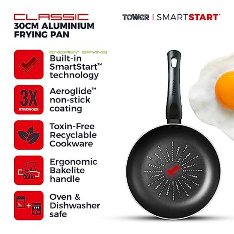 SmartStart Classic 30cm Aluminium Frying Pan, Aeroglide PFOA Free Non-Stick Coating Skillet, Built-In Temperature Indicator, Oven and Dishwasher Safe, Gas Hob Compatible Fry Pan, Black - Image 2