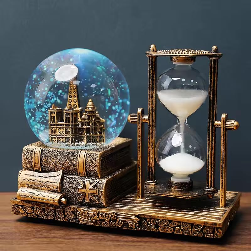 Ngel Vintage Music Snow Glob with Hourglass Timer Retro Crystal Ball Hourglass Timer LED Musical Glob Decor for Home Living Room Desktop Bookshelf Vintage Hourglass - Image 1