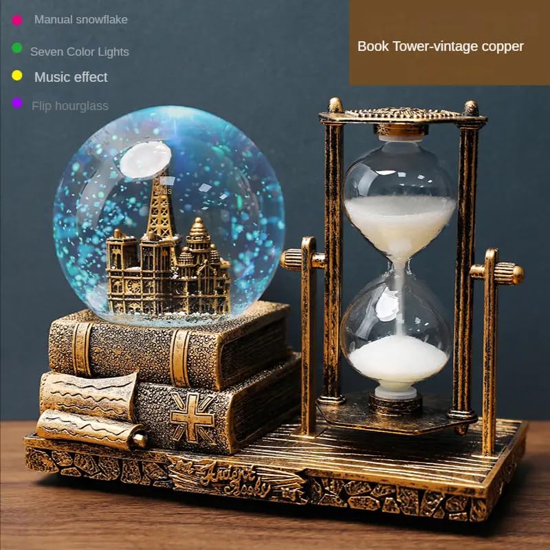 Ngel Vintage Music Snow Glob with Hourglass Timer Retro Crystal Ball Hourglass Timer LED Musical Glob Decor for Home Living Room Desktop Bookshelf Vintage Hourglass - Image 4