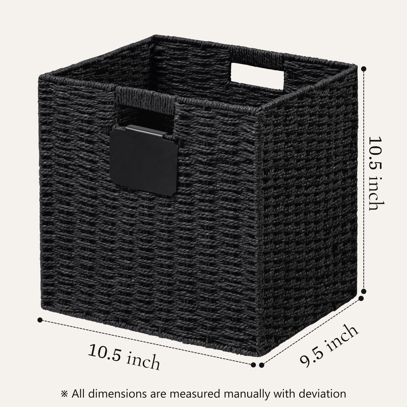 UBBCARE 4 Pack Wicker Basket, 10.5Ã—10.5 Storage Cubes with Label, Foldable Cube Storage Bin with Handle, Square Storage Basket for Shelves, Woven Paper Rope Basket for Organizing, Black - Image 2