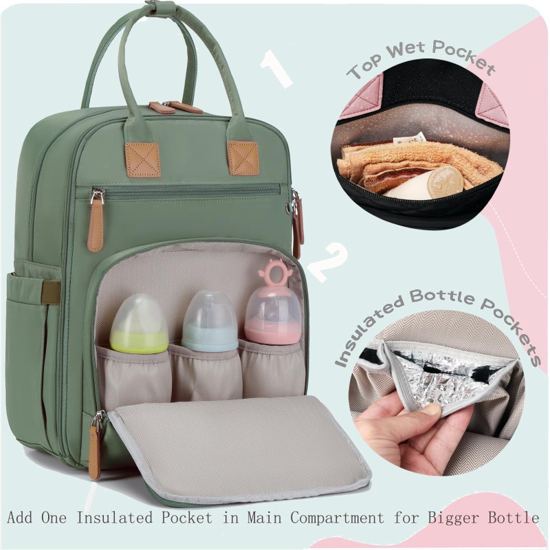 LORADI 18 Pockets Large Diaper Bag Backpack with Waterproof Pockets and Stroller Buckle, Convertible Baby Bag (Green, Large) - Image 2