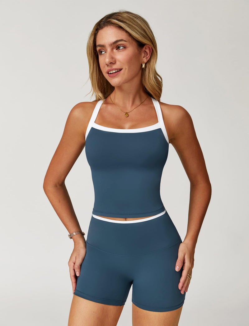 ABOCIW Workout Sets for Women 2 Piece Color Block Longline Sports Bra High Waist Biker Shorts Gym Set Yoga Pilates Outfits Active Wear White Trim Navy Medium - Image 3