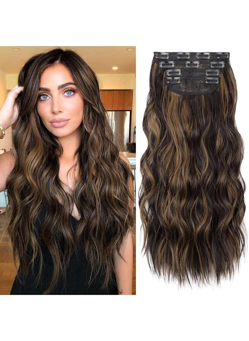 KooKaStyle KooKaStyle Clip in Long Wavy Synthetic Hair Extension 20 Inch 4PCS Balayage Dark Brown to Chestnut Hairpieces Fiber Thick Double Weft Hair Extension for Women 