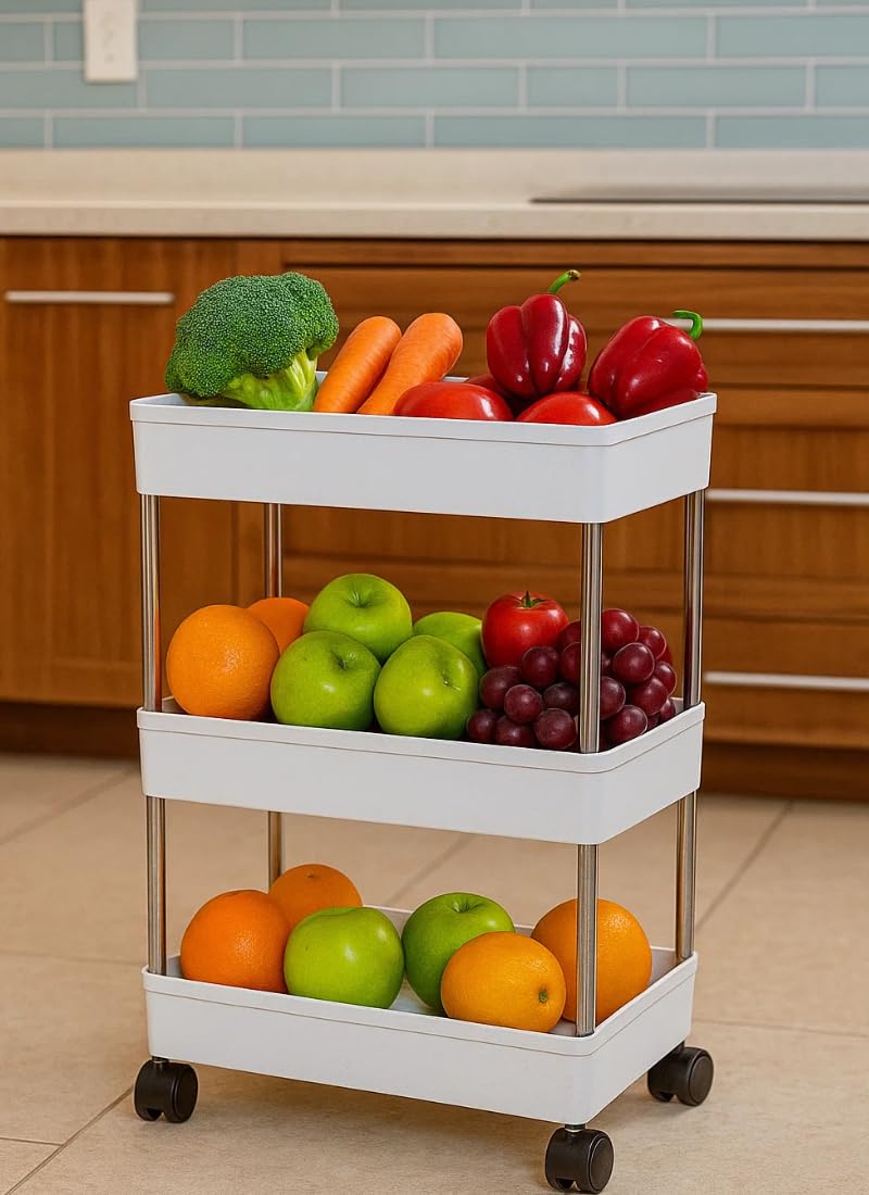 Leaffybezz 3 Tier Slim Rack Shelf with Wheels-Plastic Trays with Stainless Steel Support-Kitchen Storage Trolley-Multipurpose Space Saver Organizer-Onion Potato Rack & Vegetables Stand(White Color) - Image 1
