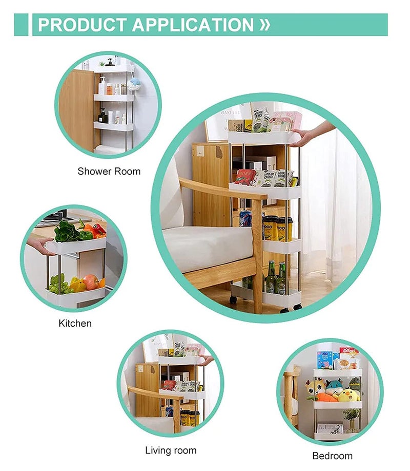 Leaffybezz 3 Tier Slim Rack Shelf with Wheels-Plastic Trays with Stainless Steel Support-Kitchen Storage Trolley-Multipurpose Space Saver Organizer-Onion Potato Rack & Vegetables Stand(White Color) - Image 3