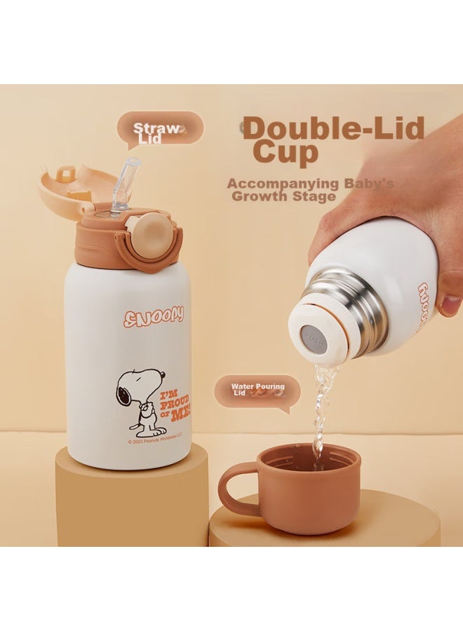 Snoopy Children's Insulated Cup With Straw, Direct Drinking, For Boys And Girls, Elementary School Students, 316 Stainless Steel Water Bottle, Double Lid, 500ml, Coffee - Image 1