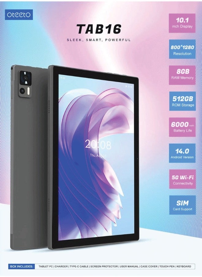 Oteeto - TAB 16 tablet/10.1 Inch IPS LCD/Octa Core 2.0GHz/Android 14/4G Connectivity/6000 mah battery/12GB + 512 GB/8 Mp front + 13 Mp rear camera/keyboard/touch pen (Gray) - Image 1