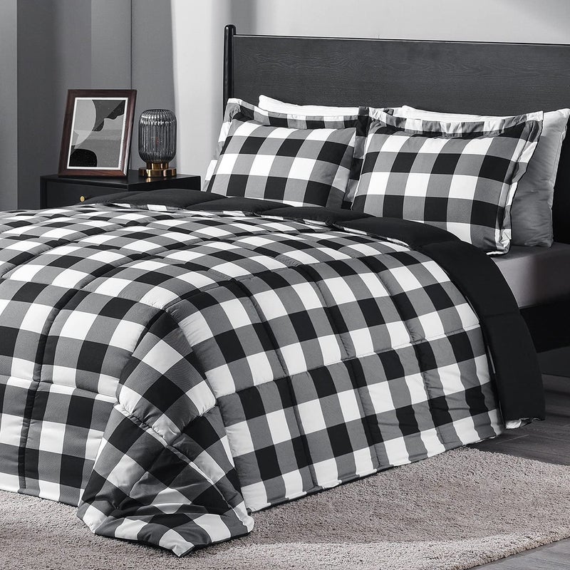 downluxe Lightweight Plaid Comforter Set Twin with 1 Pillow Sham  2Piece Set  BlackWhite Plaid  Down Alternative Reversible Comforter