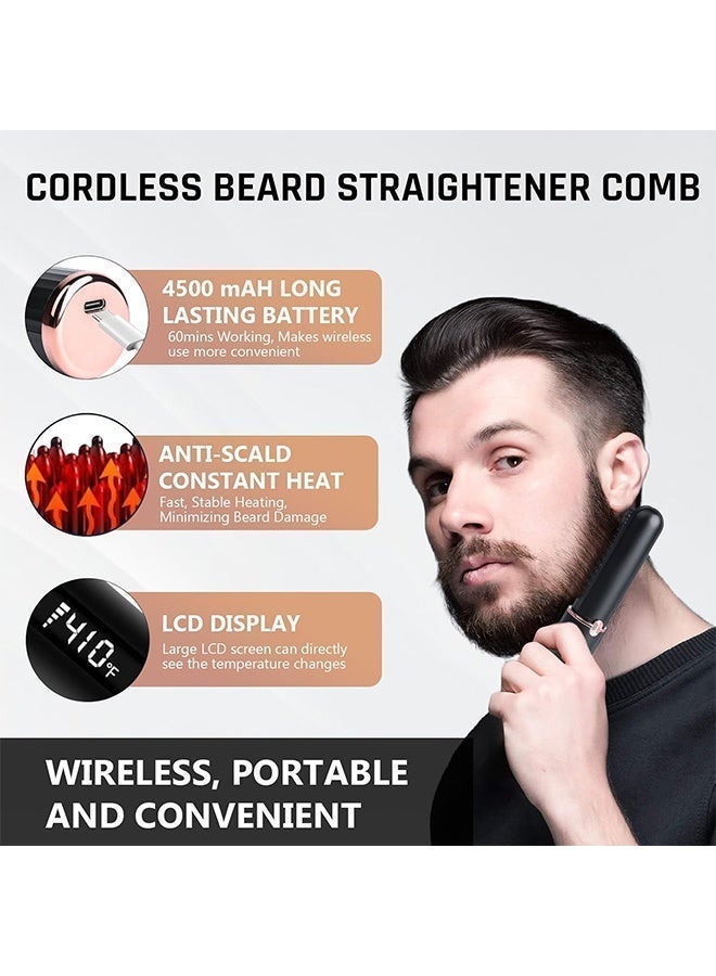 Beard Straightener for Men, Cordless Portable Heated Beard Straightening Comb with Display LCD, Anti-Scald & Ionic Technology, 15S Fast Heat up, Auto Shut Off, Portable Comb for Travel Home - Image 4