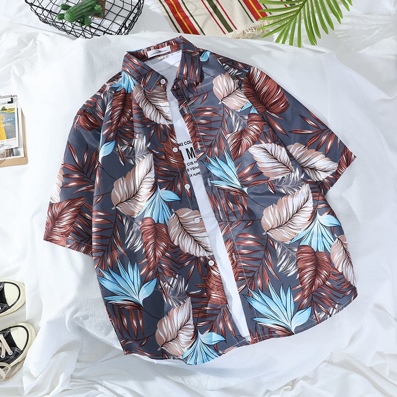 Floral Shirts For Men And Women, Short-Sleeved Retro Korean Style Handsome Printed Hong Kong Style Seaside Trendy Hawaiian Beach Shirts - Image 1