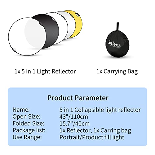 Selens 43 Inch (110cm) Photography Reflector, Collapsible Light Reflector with Carrying Case, 5 in 1 Reflector for Photography Photo Studio Lighting -Translucent, Silver, Gold, White and Black - Image 5