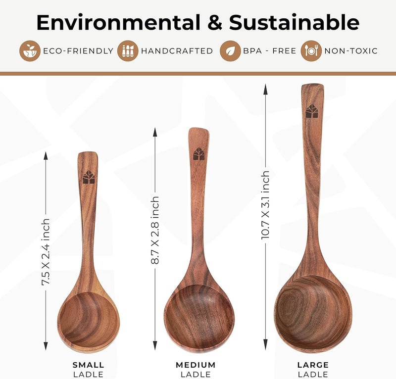 Woodenhouse Wooden Ladle for Soup, 3 Size Teak Wood Ladle Spoon with Back Hooks for Pot & Bowl, Non-Stick Wooden Spoon Set for Cooking, Serving and Stirring - Image 3