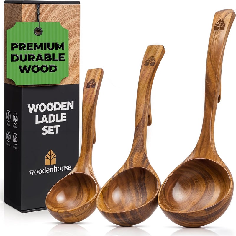 Woodenhouse Wooden Ladle for Soup, 3 Size Teak Wood Ladle Spoon with Back Hooks for Pot & Bowl, Non-Stick Wooden Spoon Set for Cooking, Serving and Stirring - Image 1