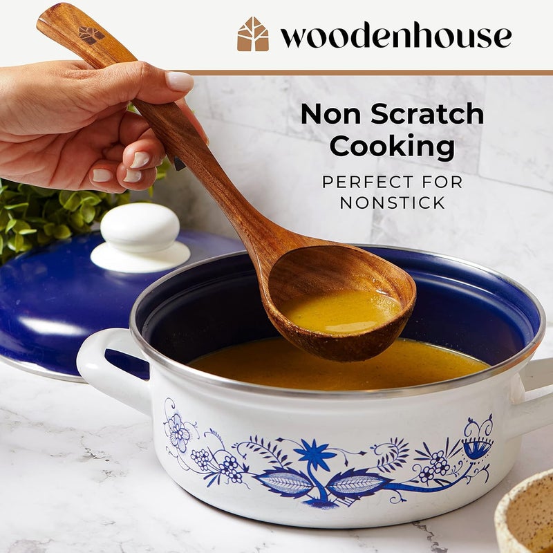 Woodenhouse Wooden Ladle for Soup, 3 Size Teak Wood Ladle Spoon with Back Hooks for Pot & Bowl, Non-Stick Wooden Spoon Set for Cooking, Serving and Stirring - Image 4