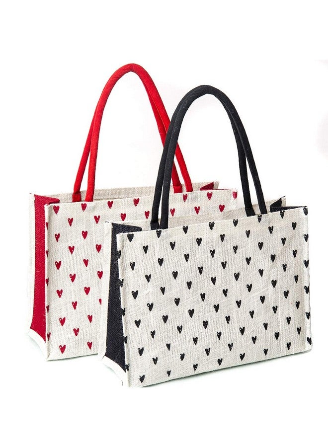 H&B Jute Shopping Bag - Jute Bags for grocery shopping | Trendy Bag | Shoulder Bag | Grocery Shopping Bag Large | Shopper Tote Bag - Heart (Combo of 2 - Red, Black) - Image 1