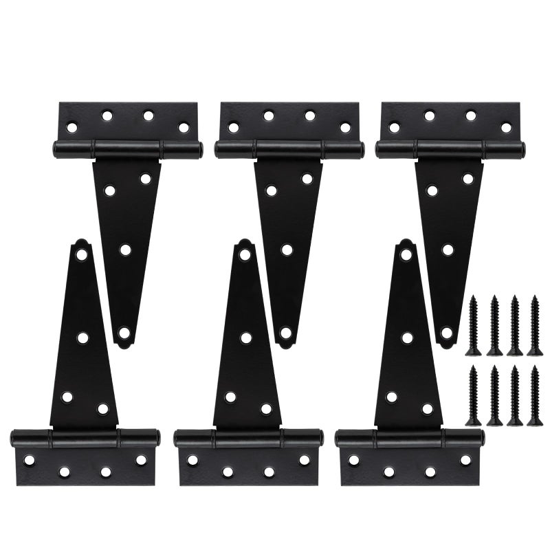 Home Master Hardware 6 Inch T-Strap Shed Door Hinges, Heavy Duty Tee Hinge,Gate Strap Hinges For Wooden Fences,Yard Door,Barn Door Gates,Rustproof Wrought Iron Black With Screws 6 Pack - Image 1