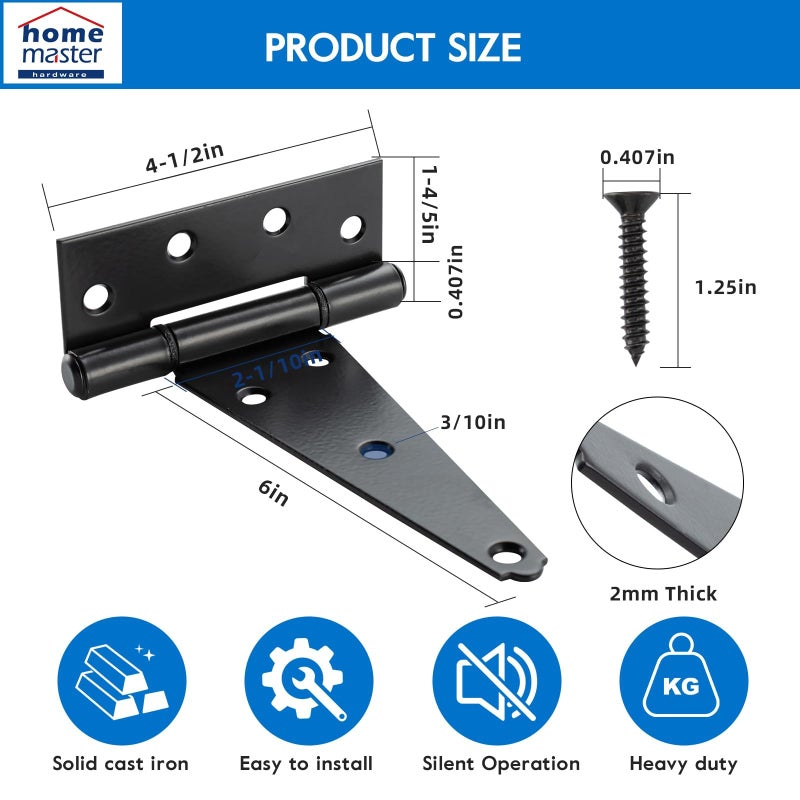 Home Master Hardware 6 Inch T-Strap Shed Door Hinges, Heavy Duty Tee Hinge,Gate Strap Hinges For Wooden Fences,Yard Door,Barn Door Gates,Rustproof Wrought Iron Black With Screws 6 Pack - Image 2