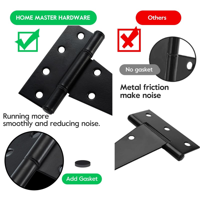 Home Master Hardware 6 Inch T-Strap Shed Door Hinges, Heavy Duty Tee Hinge,Gate Strap Hinges For Wooden Fences,Yard Door,Barn Door Gates,Rustproof Wrought Iron Black With Screws 6 Pack - Image 4