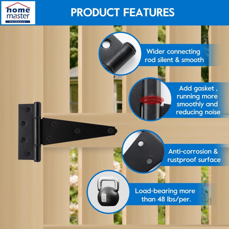 Home Master Hardware 6 Inch T-Strap Shed Door Hinges, Heavy Duty Tee Hinge,Gate Strap Hinges For Wooden Fences,Yard Door,Barn Door Gates,Rustproof Wrought Iron Black With Screws 6 Pack - Image 5