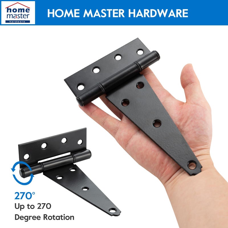 Home Master Hardware 6 Inch T-Strap Shed Door Hinges, Heavy Duty Tee Hinge,Gate Strap Hinges For Wooden Fences,Yard Door,Barn Door Gates,Rustproof Wrought Iron Black With Screws 6 Pack - Image 3