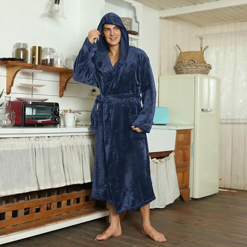 U2SKIIN Mens Fleece Hooded Robe Plush Bathrobe (Navy Blue, 2XL/3XL) - Image 2