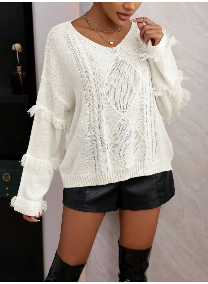 SHEIN LUNE Fringe Trim Drop Shoulder Sweater Knit Pullover Fall Winter Outfit - Image 1