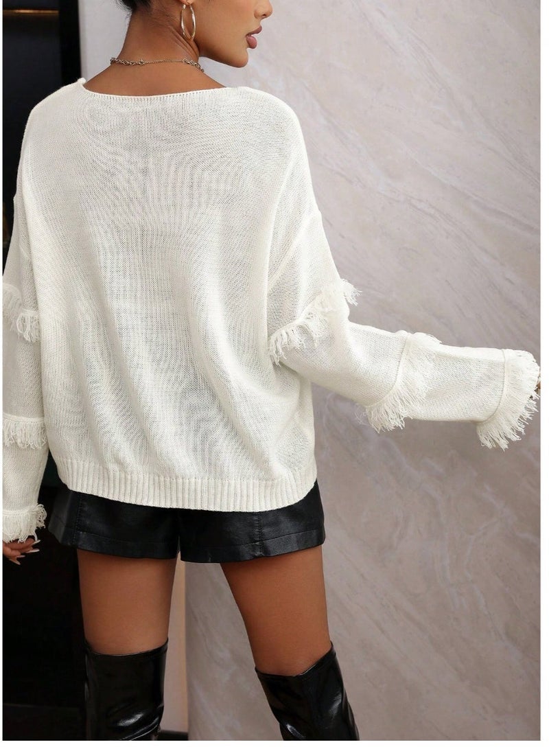SHEIN LUNE Fringe Trim Drop Shoulder Sweater Knit Pullover Fall Winter Outfit - Image 4