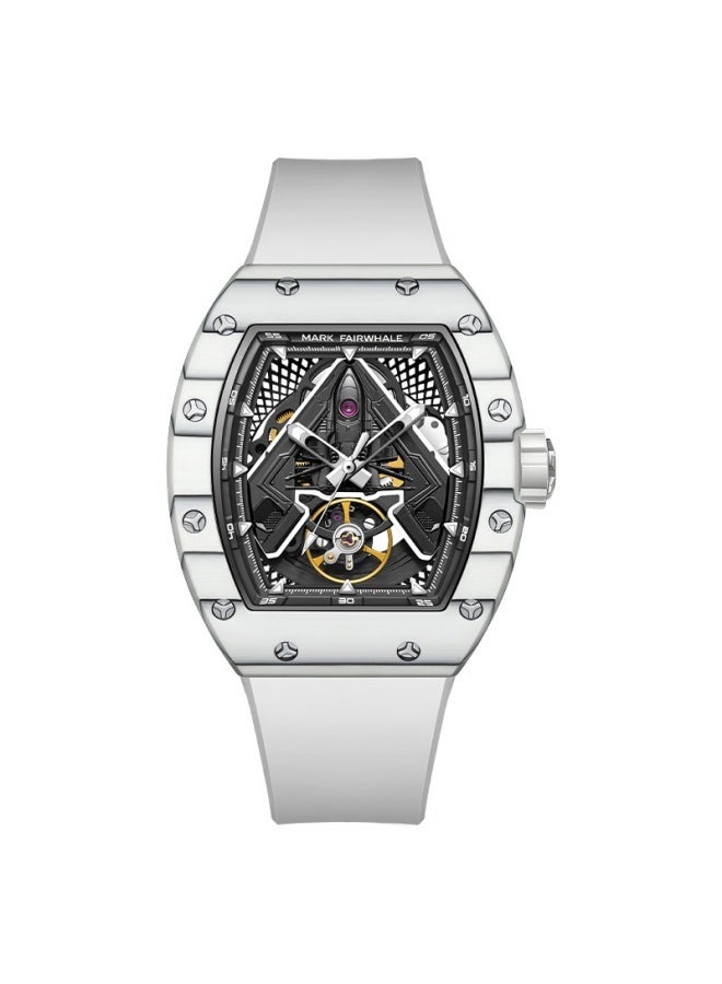 Mark Fairwhale Men's Premium Barrel-Shaped Skeleton Mechanical Watch - Water Resistant, Luminous, Black Dial & White Silicone Strap