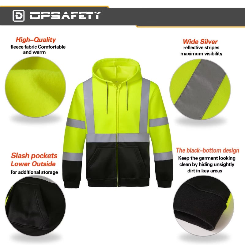 DPSAFETY High visibility Hoodie for Men,Class3 Hi Vis Hoodie with Zipper,Reflective Hooded Hood,Construction work Safety Sweatshirt with Large front Pocket for Men/Women Black Bottom Large - Image 3