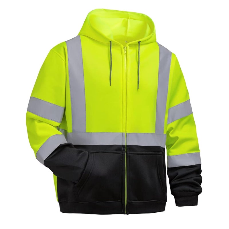 DPSAFETY High visibility Hoodie for Men,Class3 Hi Vis Hoodie with Zipper,Reflective Hooded Hood,Construction work Safety Sweatshirt with Large front Pocket for Men/Women Black Bottom Large - Image 1