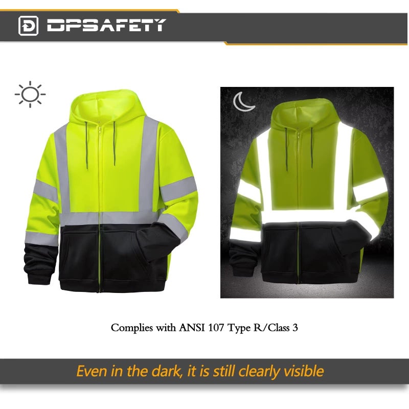 DPSAFETY High visibility Hoodie for Men,Class3 Hi Vis Hoodie with Zipper,Reflective Hooded Hood,Construction work Safety Sweatshirt with Large front Pocket for Men/Women Black Bottom Large - Image 5