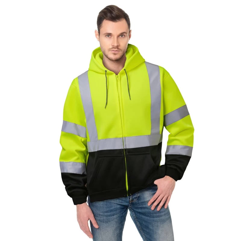DPSAFETY High visibility Hoodie for Men,Class3 Hi Vis Hoodie with Zipper,Reflective Hooded Hood,Construction work Safety Sweatshirt with Large front Pocket for Men/Women Black Bottom Large - Image 2