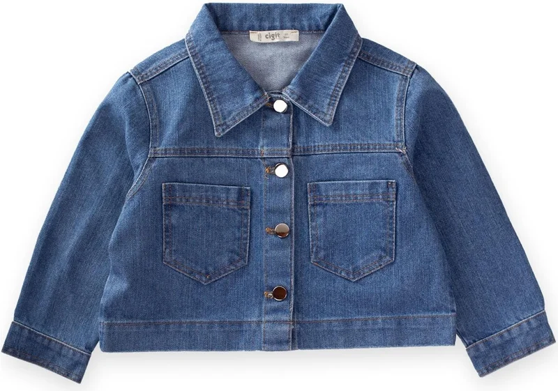 Cigit Denim Jacket with Front Pockets 2-7 Years Blue