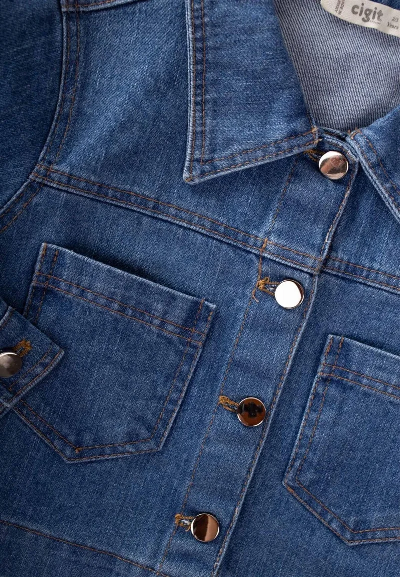 Cigit Denim Jacket with Front Pockets 2-7 Years Blue