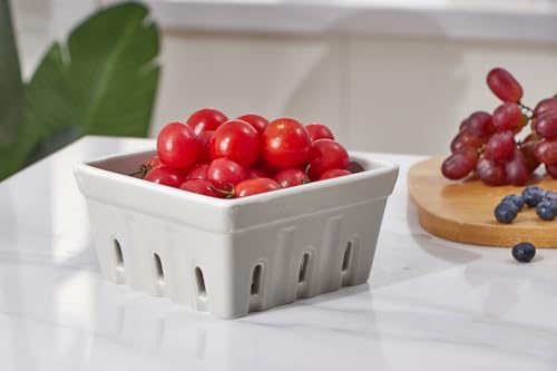 ONEMORE Ceramic Berry Basket, Square Fruit Bowls, Rustic Stoneware Berry Colander Set of 2, 5.7 inch, Gray & Light Green - Image 3