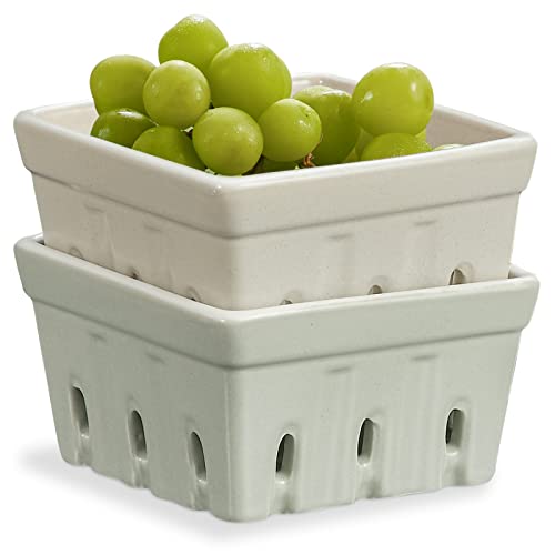 ONEMORE Ceramic Berry Basket, Square Fruit Bowls, Rustic Stoneware Berry Colander Set of 2, 5.7 inch, Gray & Light Green - Image 1
