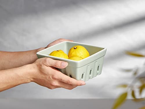 ONEMORE Ceramic Berry Basket, Square Fruit Bowls, Rustic Stoneware Berry Colander Set of 2, 5.7 inch, Gray & Light Green - Image 4