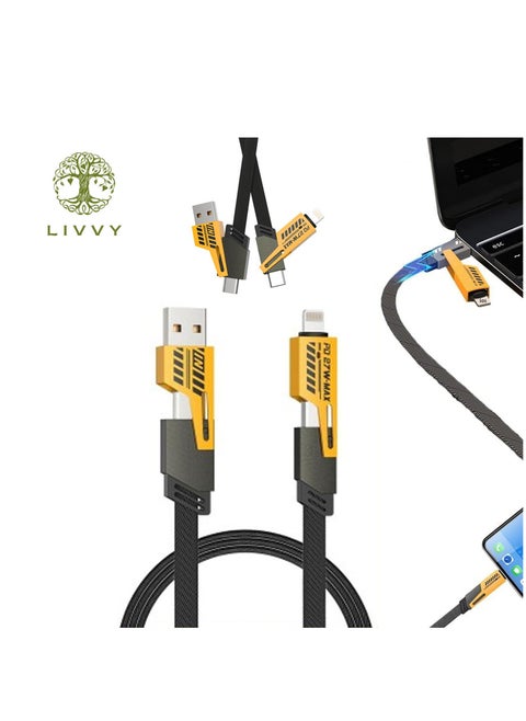 65W 4-in-1 Fast Charging Cable – USB C, USB A, Lightning & Type-C – كابل شحن سريع مضفر بطول 2 متر – Data Cable for iPhone 13/14/15/16, iPad, MacBook, Samsung S24/S23, Android – مع حامل كابل – يدعم PD & QC