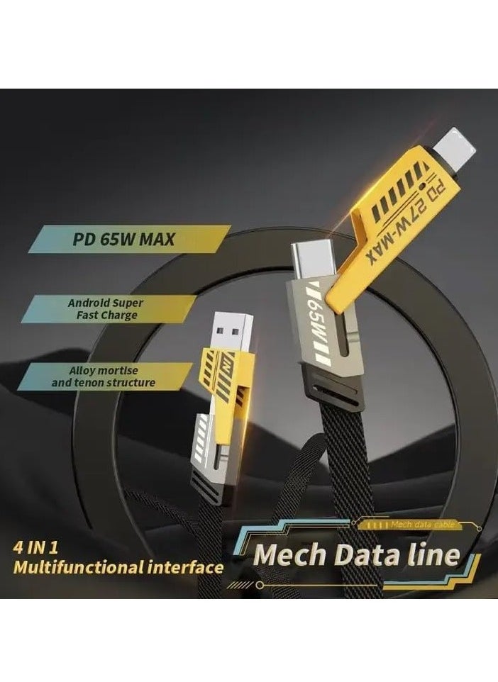 65W 4-in-1 Fast Charging Cable – USB C, USB A, Lightning & Type-C – كابل شحن سريع مضفر بطول 2 متر – Data Cable for iPhone 13/14/15/16, iPad, MacBook, Samsung S24/S23, Android – مع حامل كابل – يدعم PD & QC
