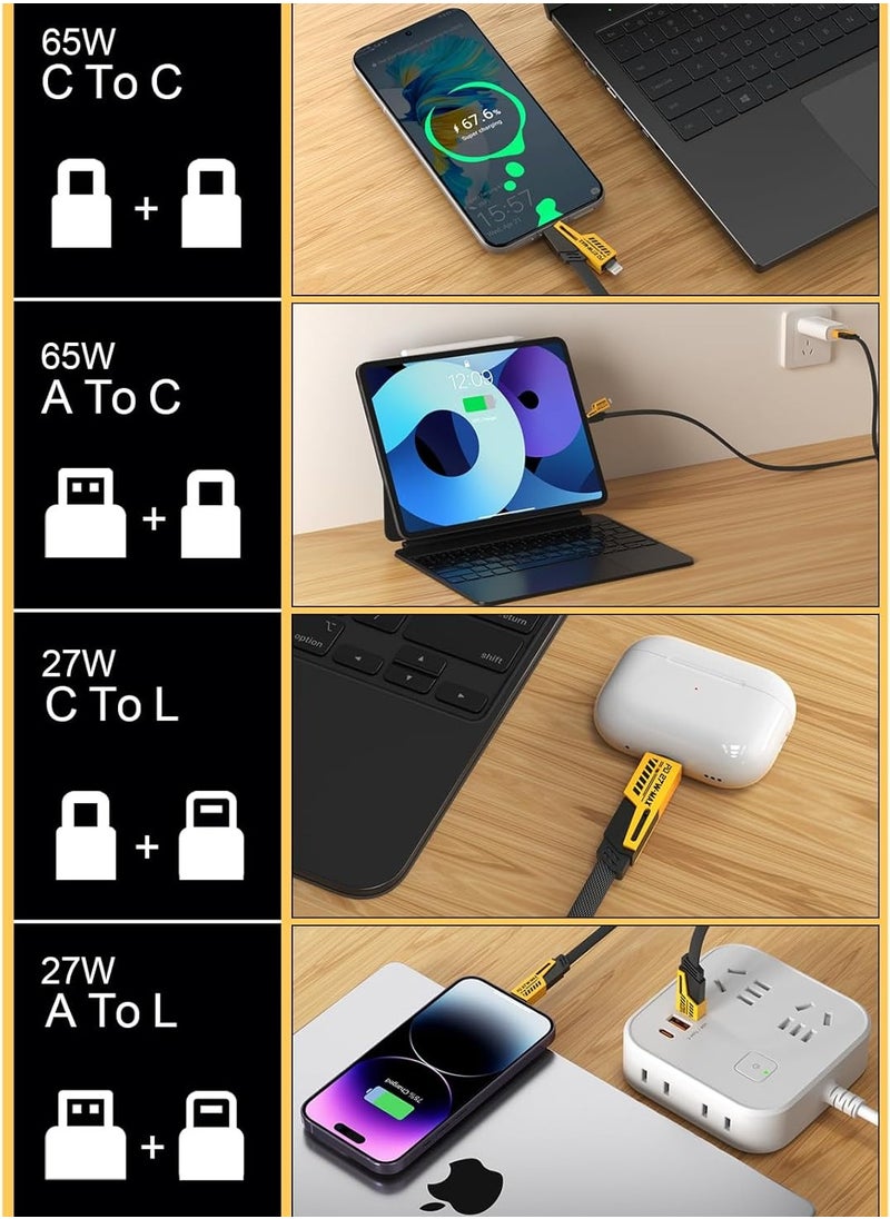 65W 4-in-1 Fast Charging Cable – USB C, USB A, Lightning & Type-C – كابل شحن سريع مضفر بطول 2 متر – Data Cable for iPhone 13/14/15/16, iPad, MacBook, Samsung S24/S23, Android – مع حامل كابل – يدعم PD & QC