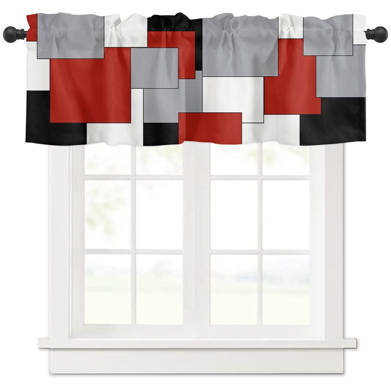 Anzona Irregular Geo Curtain Valance 54 x 18 Block Window Valances Rod Pocket Curtains Drapes White Grey Black Red Abstract Geometric Short Topper Curtain for Kitchen Cafe Living Room 1 Panel