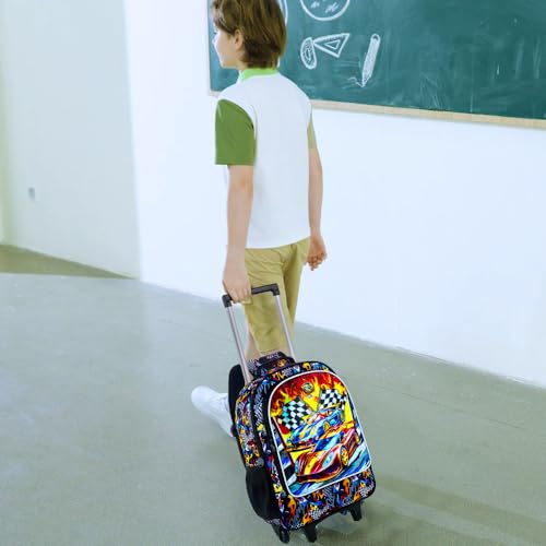 HPJGD 3PCS Car Rolling Bookbag for Boys, Kids School Backpack with Wheels, Water Resistant UV Printed Roller Wheeled Bookbag Set with Lunch Box - Image 2