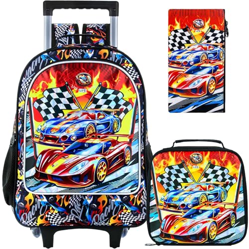 HPJGD 3PCS Car Rolling Bookbag for Boys, Kids School Backpack with Wheels, Water Resistant UV Printed Roller Wheeled Bookbag Set with Lunch Box - Image 1