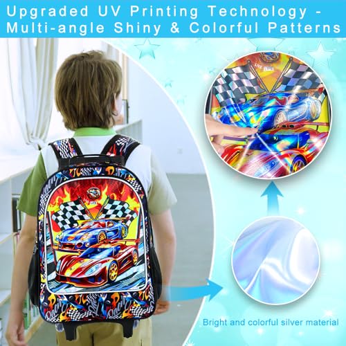 HPJGD 3PCS Car Rolling Bookbag for Boys, Kids School Backpack with Wheels, Water Resistant UV Printed Roller Wheeled Bookbag Set with Lunch Box - Image 3