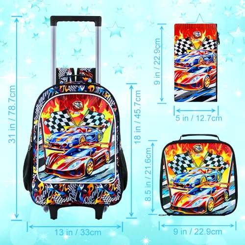 HPJGD 3PCS Car Rolling Bookbag for Boys, Kids School Backpack with Wheels, Water Resistant UV Printed Roller Wheeled Bookbag Set with Lunch Box - Image 4