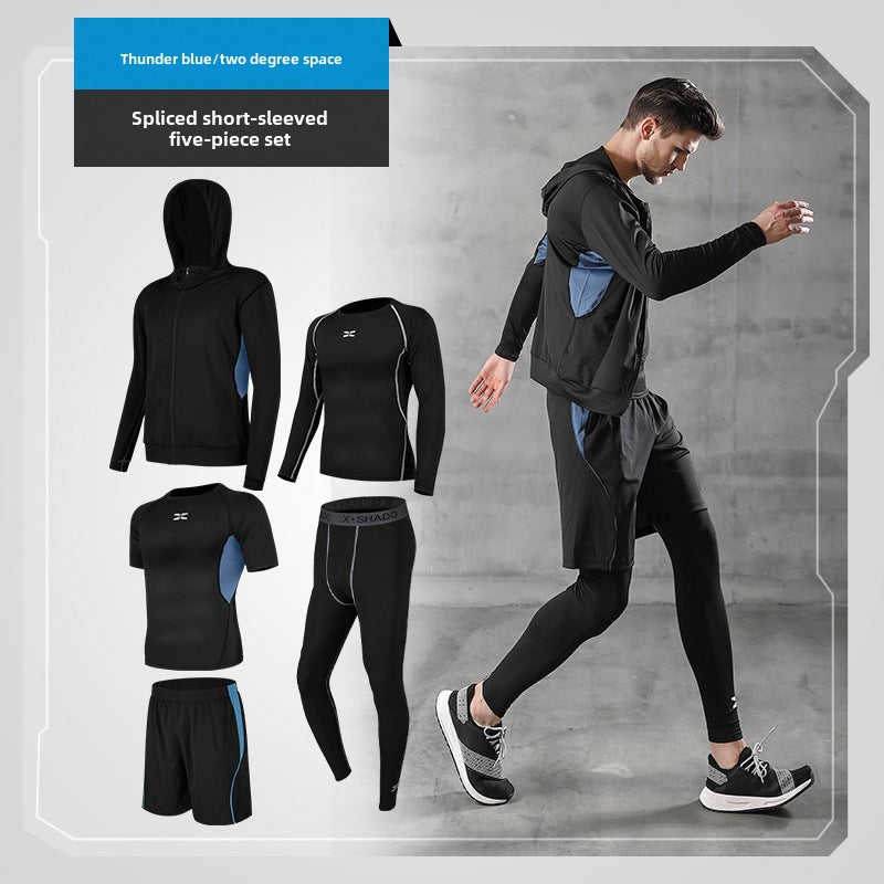Generic Mens Fitness Tight Suit Basketball Gym Training Summer Set Thunder Blue-stitching short-sleeved five-piece set