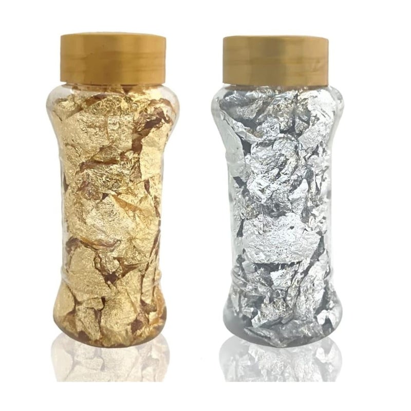 Husaini Mart HUSAINI MART 1 Golden foil Flake and 1 Silver foil Flake for Decorating Cake Borders and Other Sweets Baking Glitters Silver Golden Pack of 2 
